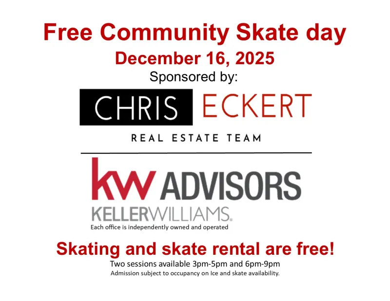 Flyer for Free Community Skate Day on Dec 16, 2025, sponsored by a real estate team.
