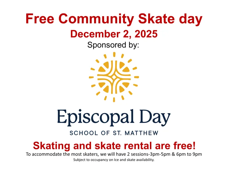 Flyer for Free Community Skate Day on December 2, 2025, by School of St. Matthew.