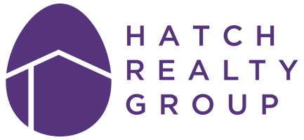 Logo of Hatch Realty Group with purple egg and house outline.