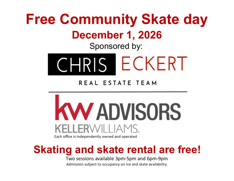 Flyer for Community Skate Day on Dec 1, 2026, sponsored by Chris Eckert Real Estate and KW Advisors.