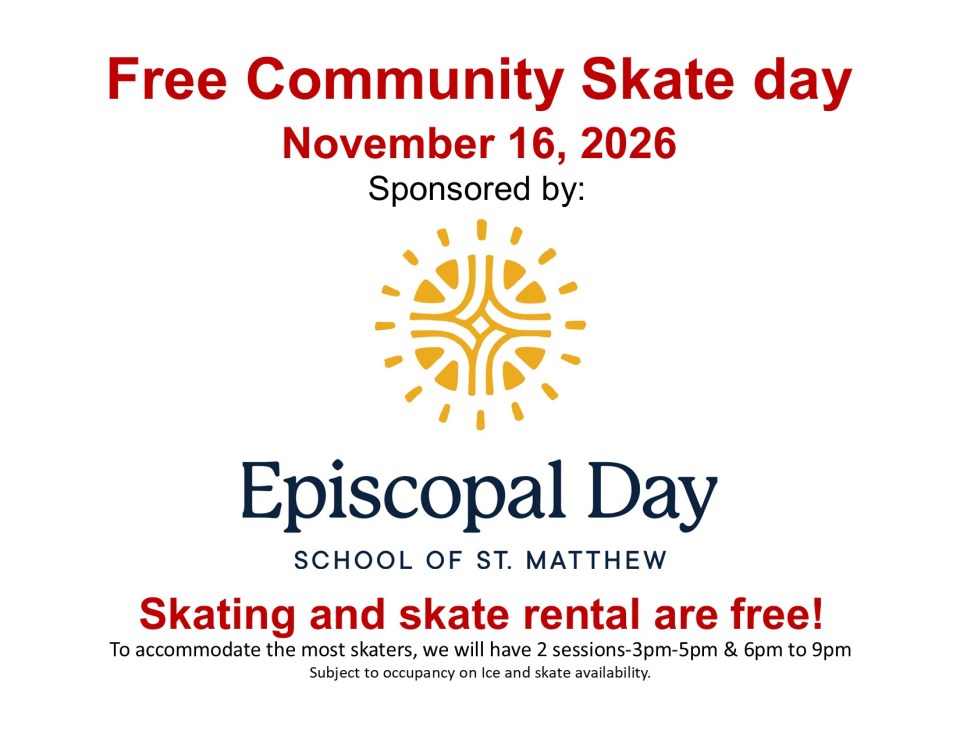 Flyer for free community skate day on November 16, 2026, sponsored by Episcopal Day School of St. Matthew.
