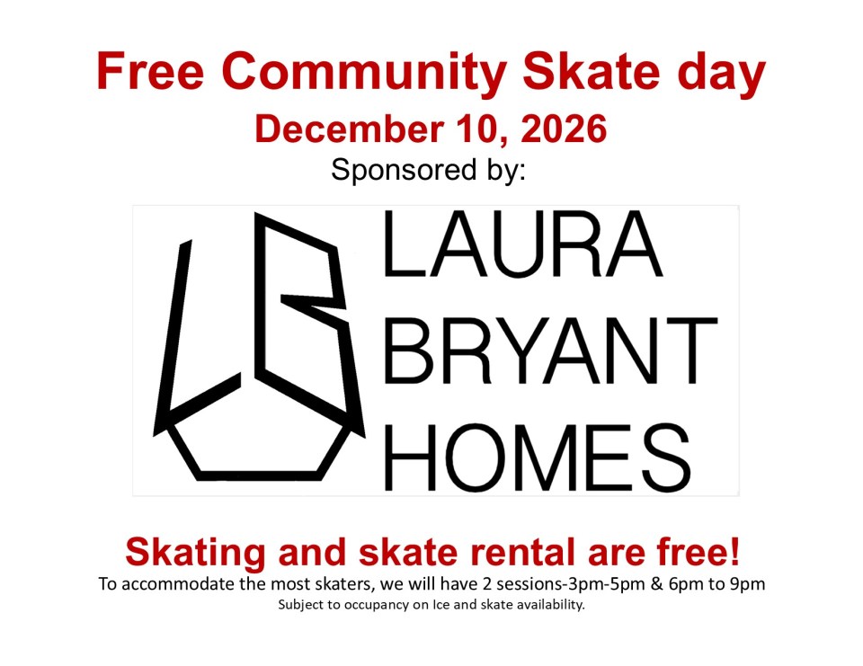 Announcement for Free Community Skate Day on December 10, 2026, sponsored by Laura Bryant Homes.