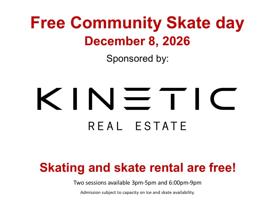 Free Community Skate Day poster, December 8, 2026, sponsored by Kinetic Real Estate.