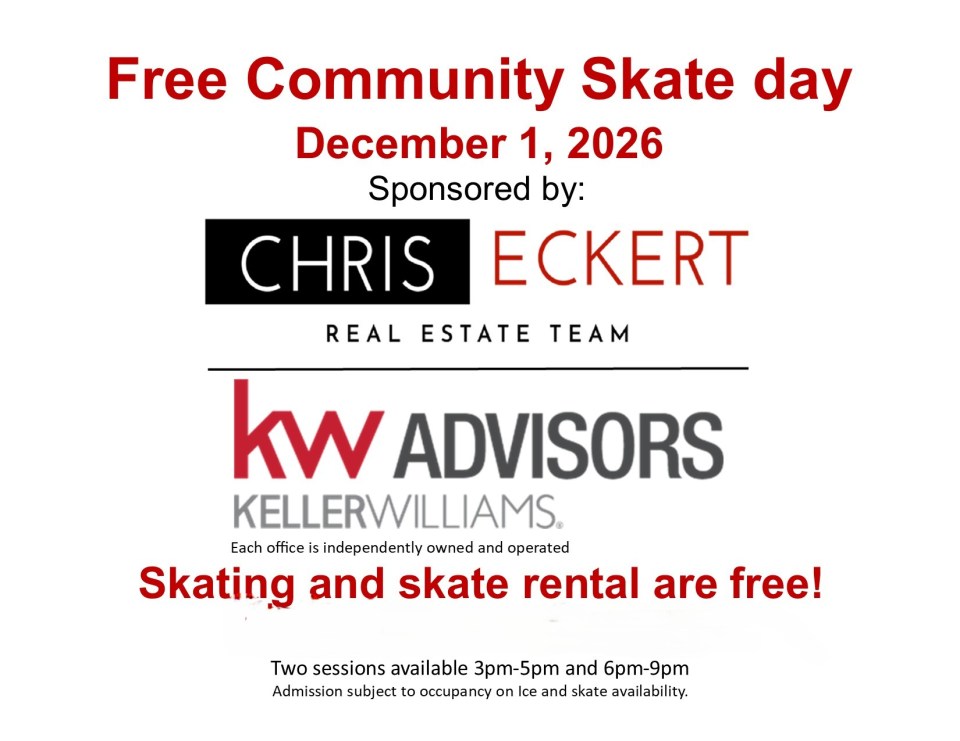 Flyer for Free Community Skate Day on December 1, 2026, sponsored by a real estate team.
