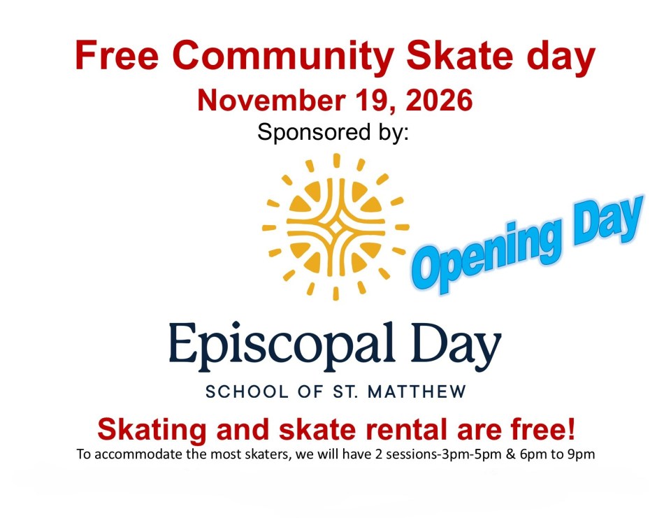 Flyer for Free Community Skate Day on Nov 19, 2026, by Episcopal Day School of St. Matthew.