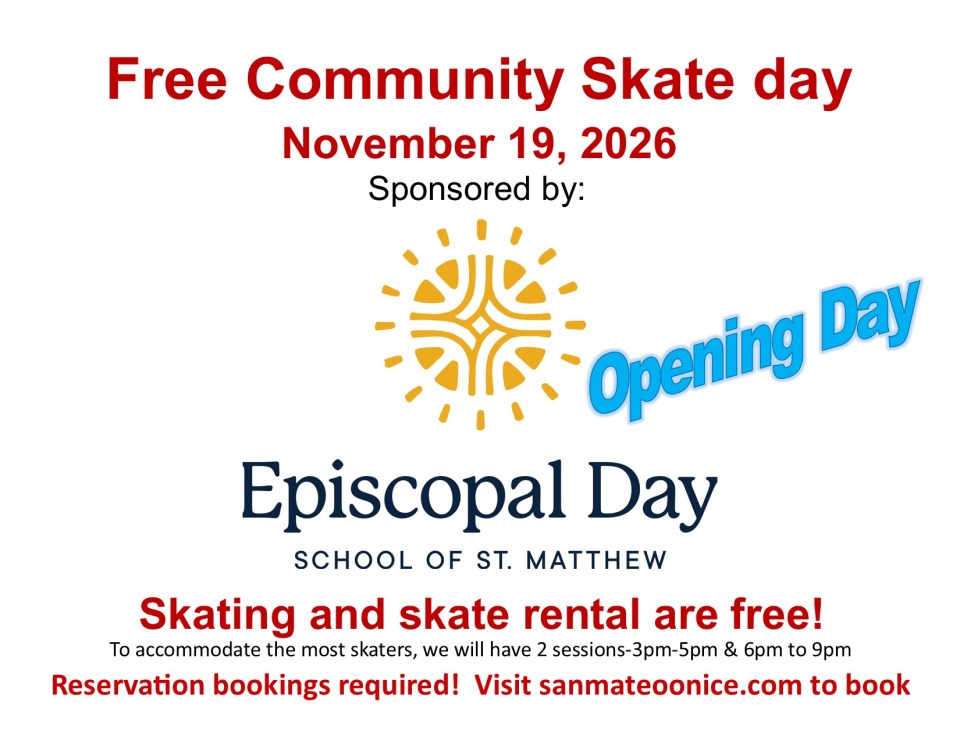 Flyer for Free Community Skate Day on November 19, 2026, by Episcopal Day, includes details on sessions and booking.