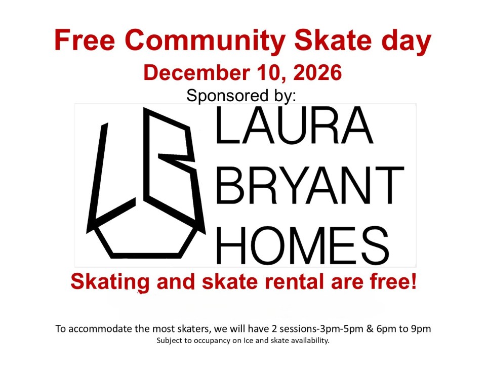 Flyer for Free Community Skate Day on December 10, 2026, sponsored by Laura Bryant Homes.