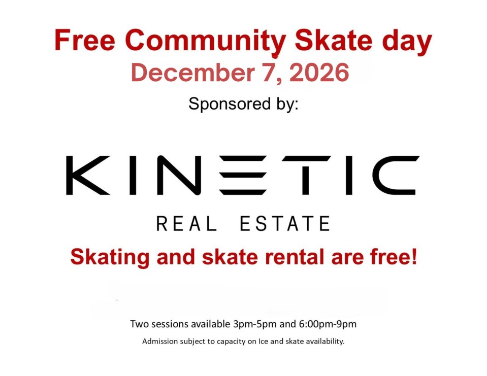 Flyer for Free Community Skate Day on Dec 7, 2026, sponsored by Kinetic Real Estate.